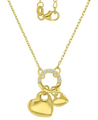 Cubic Zirconia Double Heart Charm & Holder Pendant Necklace, 16" + 2" extender