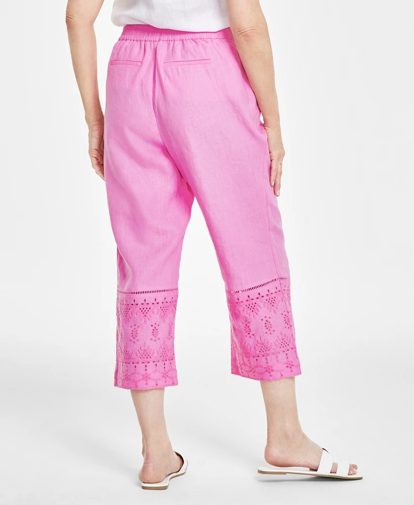 Charter Club Women's 100% Linen Eyelet-Trim Pull-On Pants, Created for Macy's