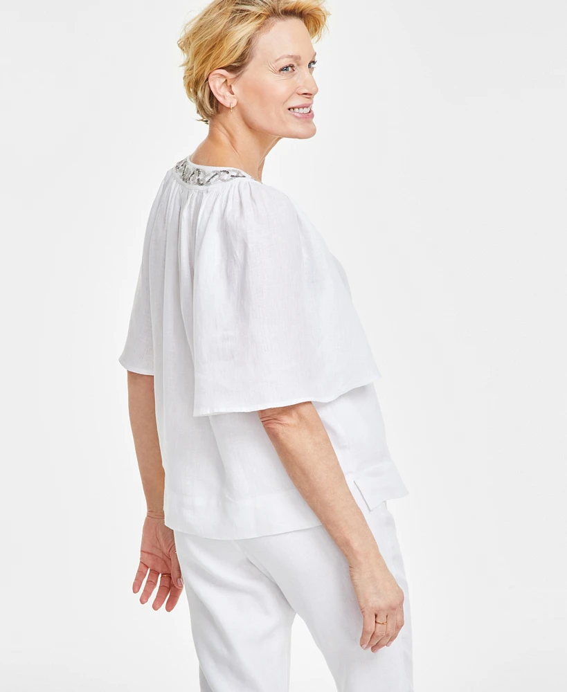 Charter Club Women's 100% Linen Embellished Flutter-Sleeve Top, Created for Macy's