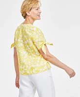 Charter Club Women's 100% Linen Printed Tie-Sleeve Top, Created for Macy's