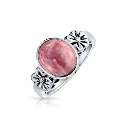 Flower Bezel Oval Gemstone Pink Rhodochrosite Boho Fashion Ring Band For Women Teen .925 Sterling Silver