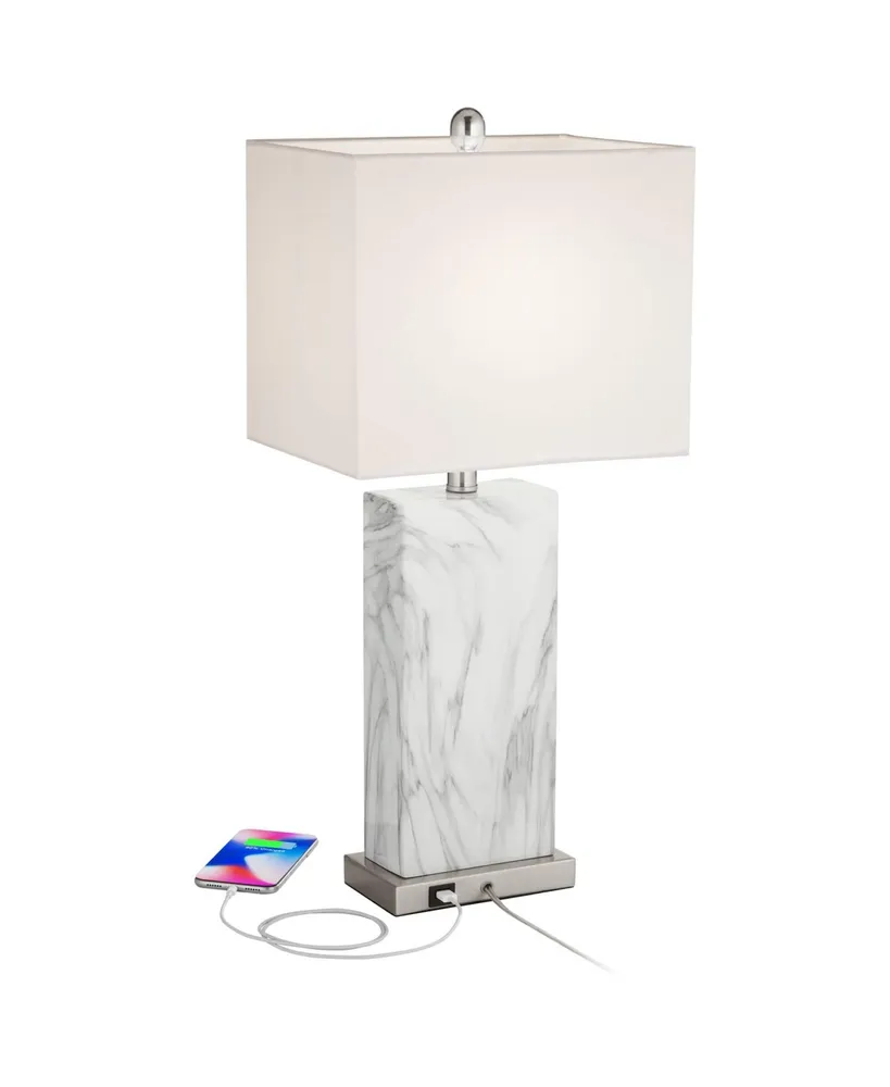 Connie Mid Century Modern Table Lamps 25" High Set of 2 with Usb Charging Port White Faux Marble Rectangular Shade for Living Room Desk Bedroom House