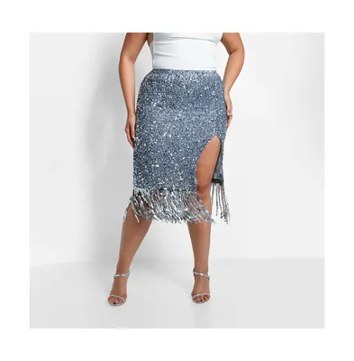Rebdolls Women's Plus Glimmer Sequin Fringe Midi Bodycon Skirt