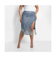 Rebdolls Women's Plus Size Glimmer Sequin Fringe Midi Bodycon Skirt