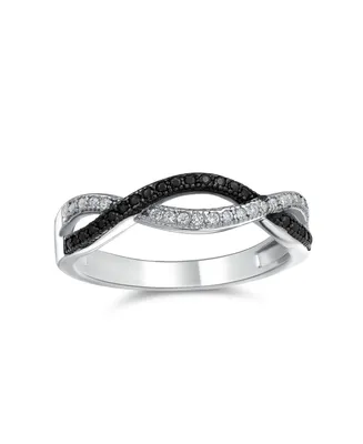 Two Tone Intertwined Twist Knot 1/2 Eternity Black & White Pave Cubic Zirconia Cz Infinity Band Ring For Women Girlfriend .925 Sterling Silver