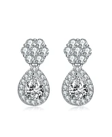 Sterling Silver with White Gold Plated Clear Pear and Round Cubic Zirconia Halo with Flower Post Drop Earrings