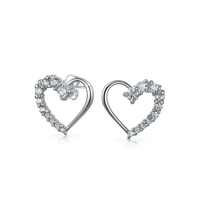 Bridal Love Is A Journey Cubic Zirconia Pave Cz Open Heart Shaped Stud Earrings For Women Girlfriend .925 Sterling Silver