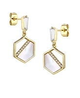 Sterling Silver 14k Gold Plated with Mother of Pearl & Cubic Zirconia Hexagon Dangle Earrings