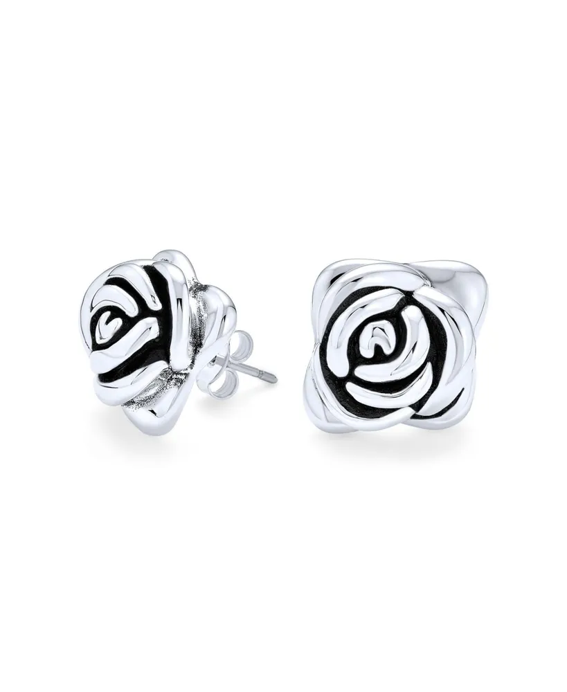 Bling Jewelry 3D Garden Flower Black Rose Stud Earrings For Women Oxidized Sterling Silver