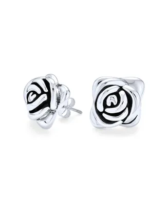 Bling Jewelry 3D Garden Flower Black Rose Stud Earrings For Women Oxidized Sterling Silver