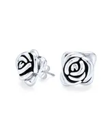 Bling Jewelry 3D Garden Flower Black Rose Stud Earrings For Women Oxidized Sterling Silver