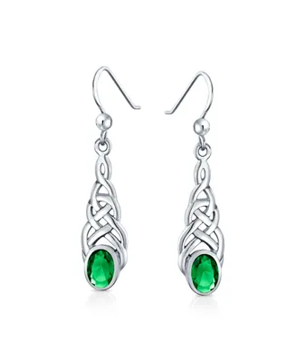 Bff Green Oval Bezel Simulated Emerald Love Knot Dangle Irish Celtic Earrings For Women Teens Fish Hook .925 Sterling Silver