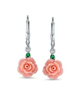 Romantic Delicate Floral Blooming 3D Pink Rose Flower Green Cz Accent Lever back Dangle Earrings For Women Teen .925 Sterling Silver