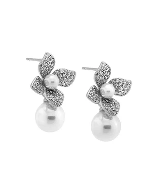 by Adina Eden Pave Four Leaf Dangling Flower Imitation Pearl Stud Earring