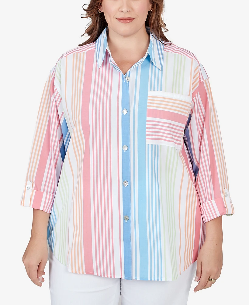 Ruby Rd. Plus Size Striped Cotton Poplin Button Front Top