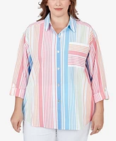 Ruby Rd. Plus Striped Cotton Poplin Button Front Top