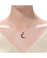 Sterling Silver with 14K Gold and Black Plated Blue Cubic Zirconia Moon Charm Necklace