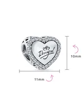 Bling Jewelry Valentine Words "I Love You" Crystal Accent Edge Love Heart Shape Charm Bead Oxidized Sterling Silver Fits European Bracelet