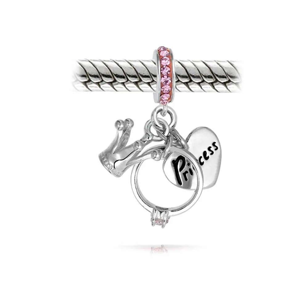 Princess Heart Crown Ring Pink Crystal Bail 3 Dangle Charm Bead For Women .925 Sterling Silver Fits European Bracelet
