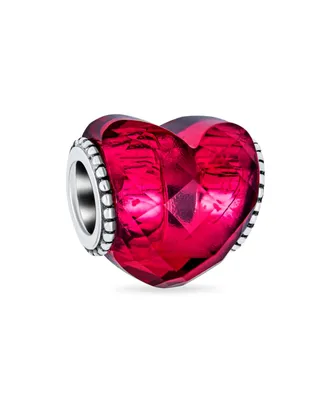 Valentine Love Rose Pink Heart Shape Faceted Murano Glass Spacer Charm Bead For Women Teen .925 Sterling Silver Core Fits European Bracelet