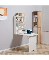 Homcom Wall Mounted Fold Out Convertible Desk, Multi-Function Floating Desk with Storage Shelf for Home Office, White