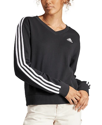 adidas Women's Essential Cotton 3-Stripe V-Neck Sweatshirt