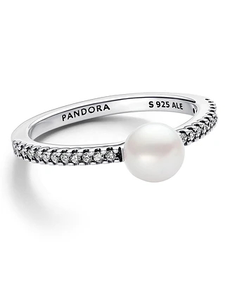 Pandora Sterling Silver Timeless Treated Freshwater Cultured Pearl Pave Ring