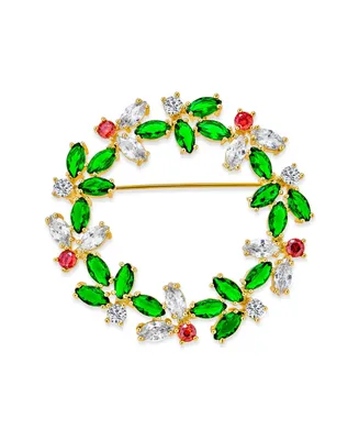 Colorful Marquise Cubic Zirconia Cz Green Red White Round Fashion Christmas Holiday Wreath Brooch Pin For Women 14K Gold Plated
