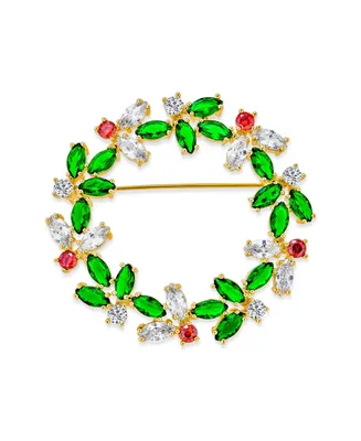 Bling Jewelry Colorful Marquise Cubic Zirconia Cz Green Red White Round Fashion Christmas Holiday Wreath Brooch Pin For Women Gold Plated