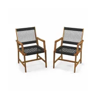 Set of 2 Patio Acacia Wood Dining Chairs with Armrests for Lawn Yard