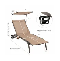 Patio Heavy-Duty Adjustable Chaise Lounge Chair with Canopy Cup holder and Wheels-Brown