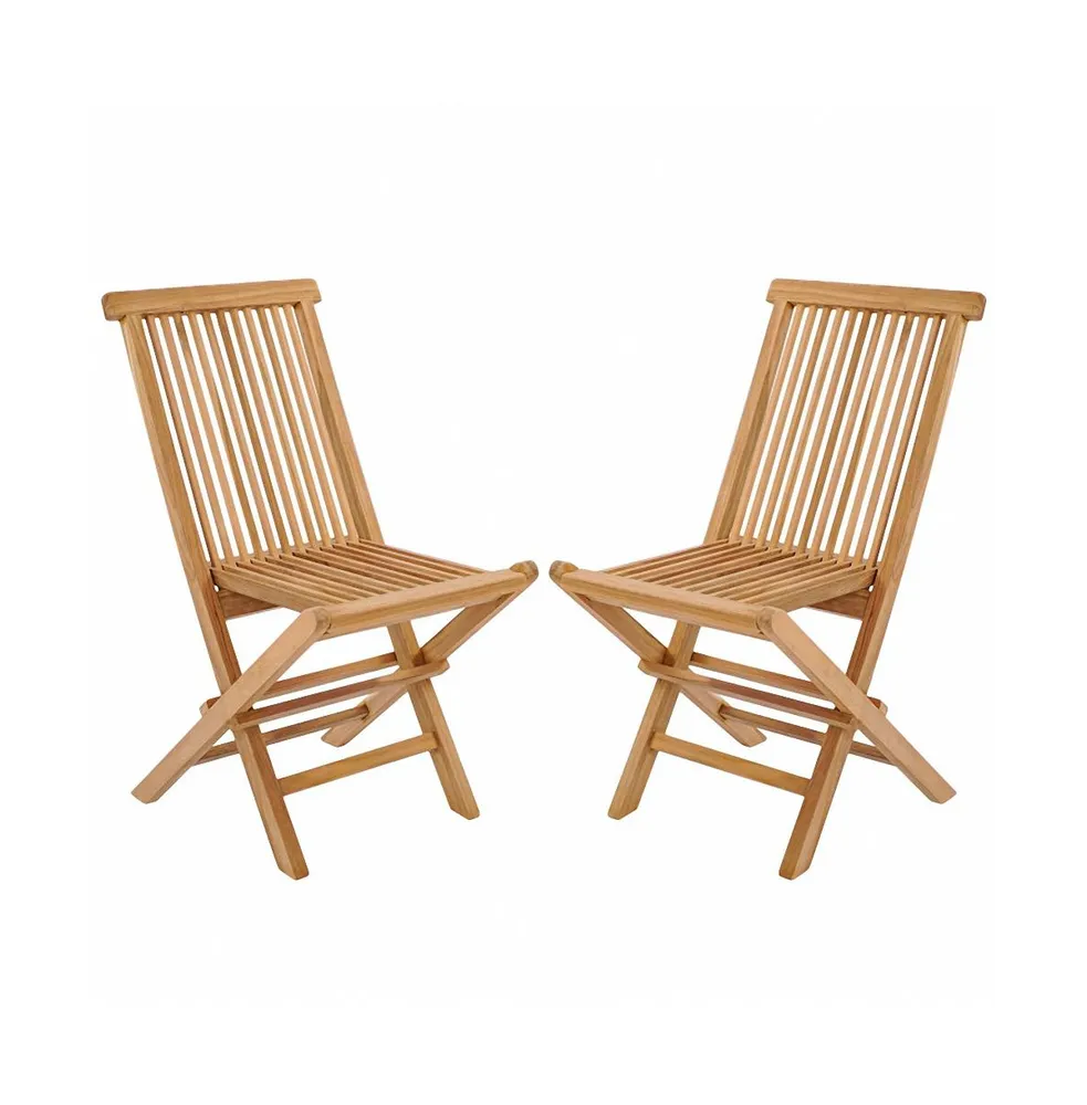 Set of 2 Teak Patio Folding Chairs with High Back and Slatted Seat