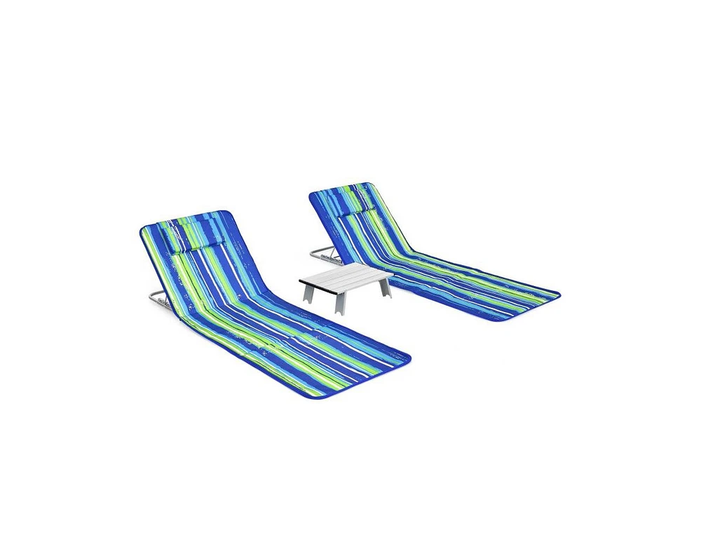 Inolait 3 Pieces Beach Lounge Chair Mat Set 2 Adjustable Lounge Chairs with Table Stripe