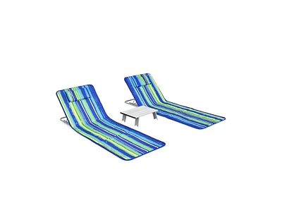 Inolait 3 Pieces Beach Lounge Chair Mat Set 2 Adjustable Lounge Chairs with Table Stripe