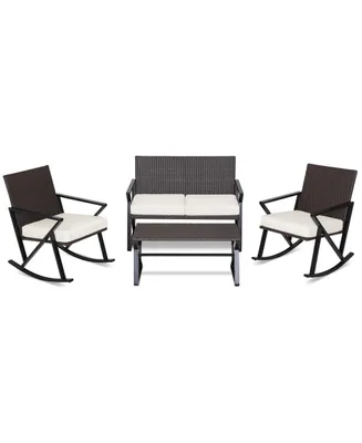 4 Pieces Rattan Patio Rocking Furniture Set with Loveseat and Coffee Table