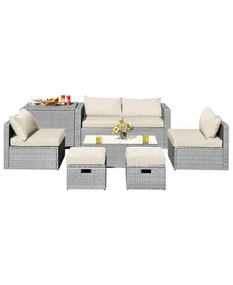 8 Pieces Patio Rattan Furniture Set with Storage Waterproof Cover and Cushion-Off White