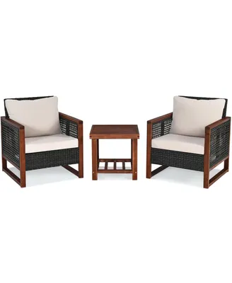3 Pieces Patio Wicker Furniture Set with Washable Cushion and Acacia Wood Coffee Table-Beige