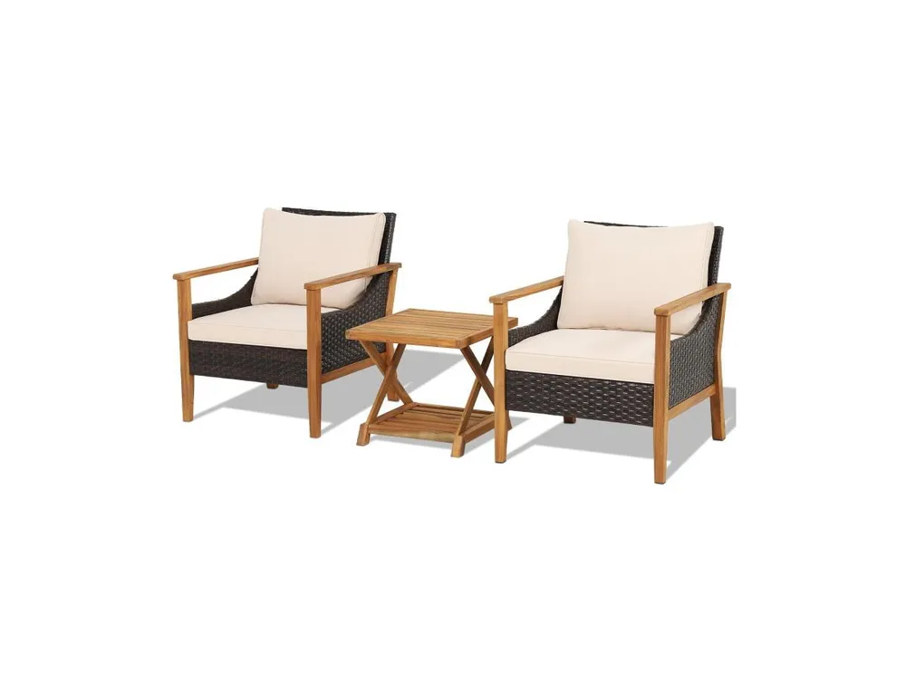 Inolait 3 Pieces Patio Wicker Furniture Set with 2-Tier Side Table and Cushioned Armchairs