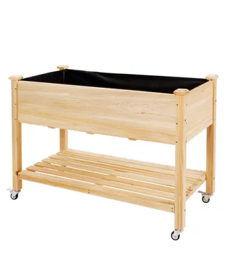 Sugift Wood Elevated Planter Bed with Lockable Wheels Shelf and Liner