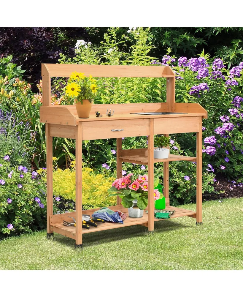 Fir Wood Potting Bench with Open Shelves and Sink for Planting