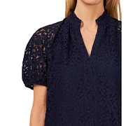 CeCe Women's Floral Lace Puff Sleeve Split Neck Top