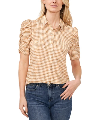 CeCe Women's Ruched Sleeve Collared Button Down Blouse