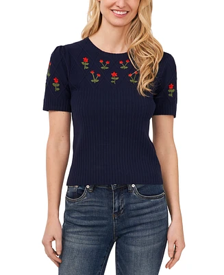 CeCe Women's Crewneck Flower Embroidered Short Sleeve Cotton Sweater