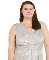 R & M Richards Plus Size Jacquard Embellished Pleated Gown