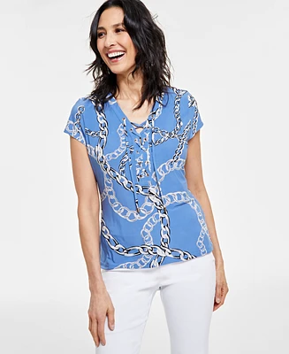 I.n.c. International Concepts Petite Printed Lace-Up-Neck Top, Created for Macy's