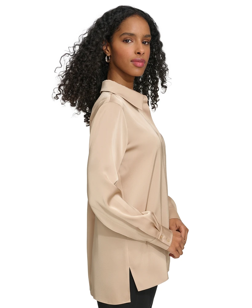 Calvin Klein Women's Long Sleeve High-Low Collared Shirt