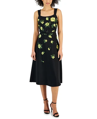 Anne Klein Women's Floral-Embroidered Belted Midi Dress