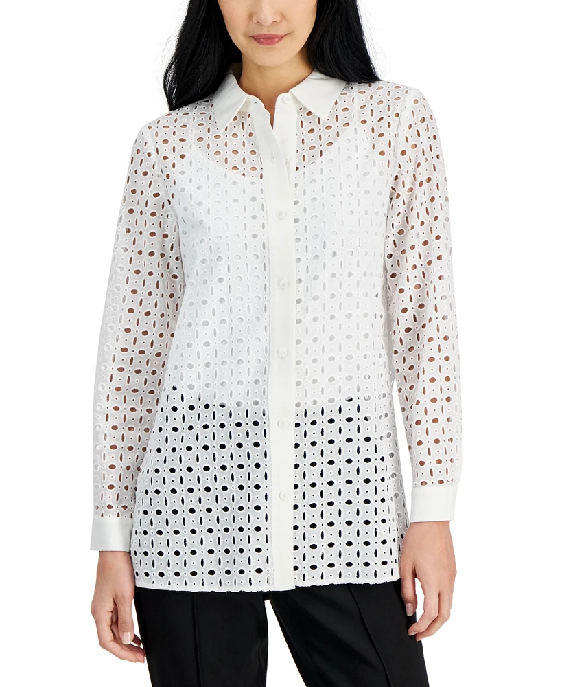 Anne Klein Women's Linen-Blend Eyelet Shirt