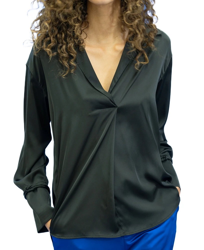 Adrienne Landau Women's V-Neck Roll-Tab Satin Top