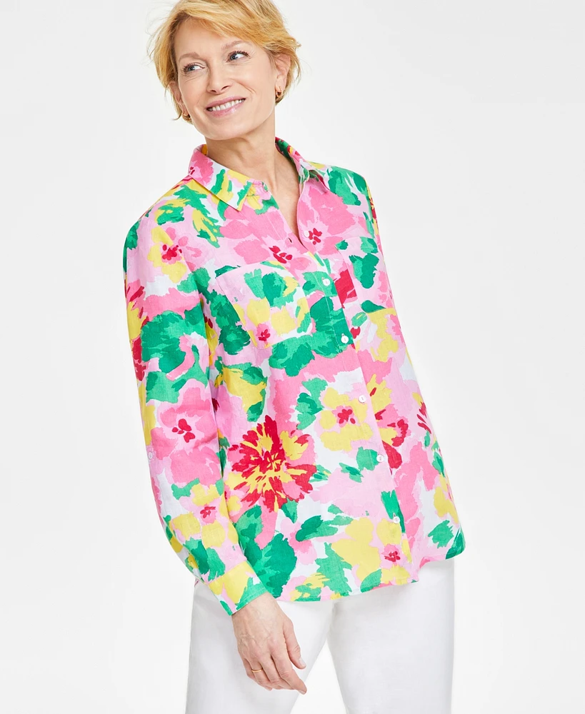 Charter Club Women's 100% Linen Garden Blur Printed Shirt, Created for Macy's